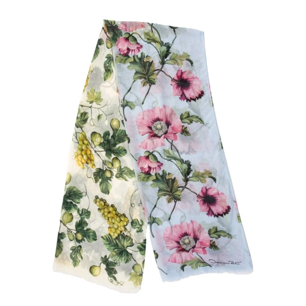 Oscar De La Renta Poppies & Grapes Modal Cashmere Scarf Sage Yellow - Picture 3 of 7